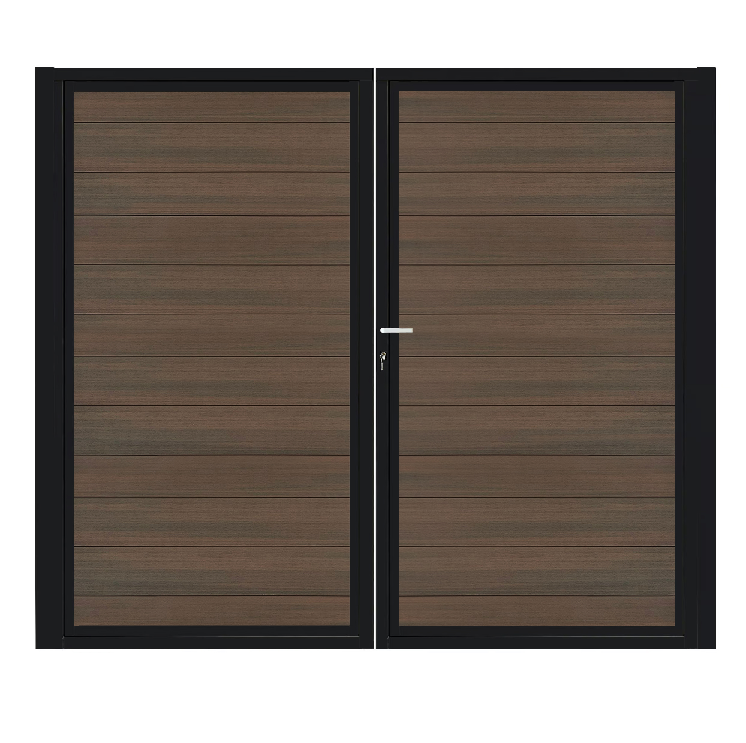 CompoGarden composiet dubbele poort Donkerbruin Geborsteld horizontaal met zwart stalen poortframe - 300 x 185 cm