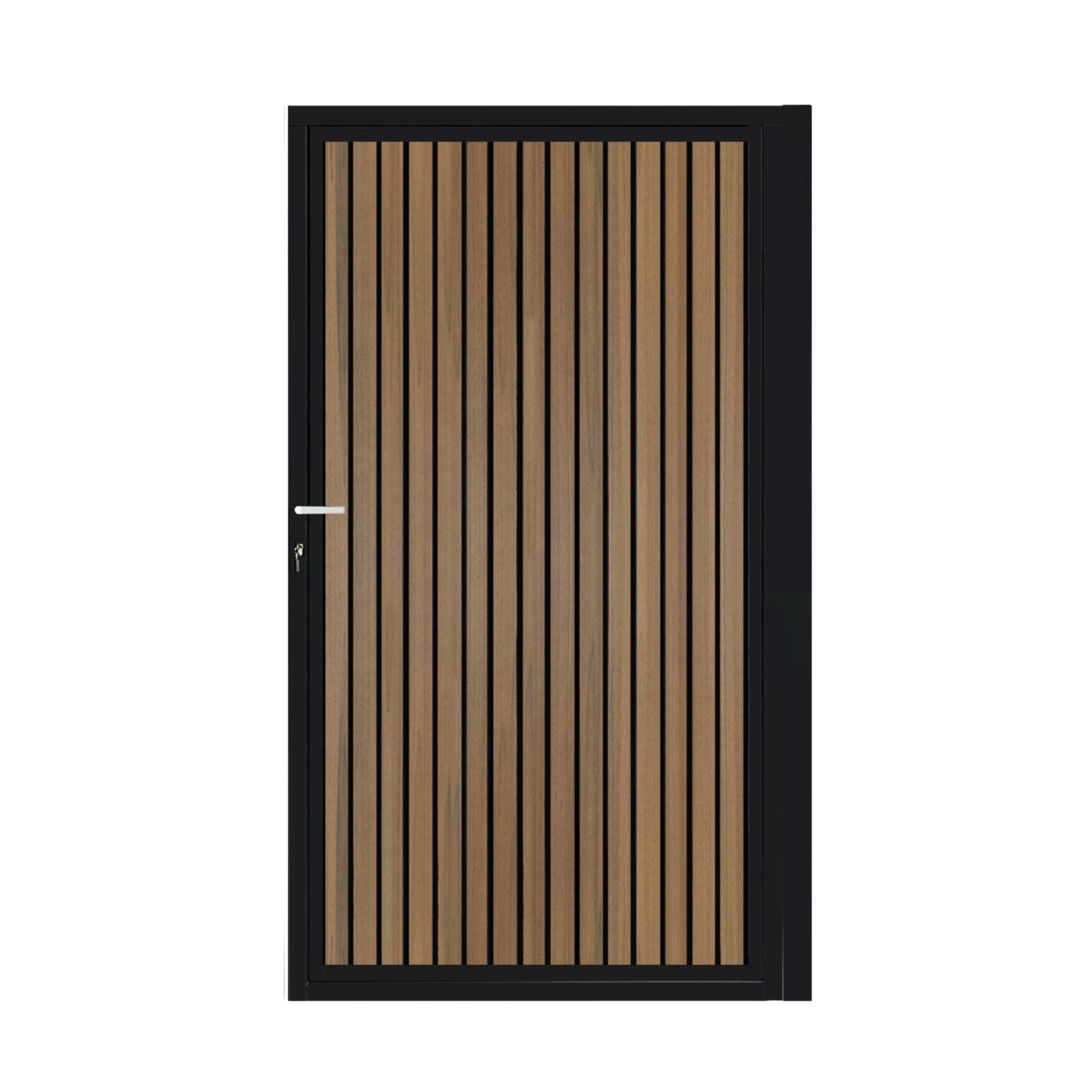 CompoGarden composiet poort Teak Rhombus Schaduw verticaal met zwart aluminium poortframe 
