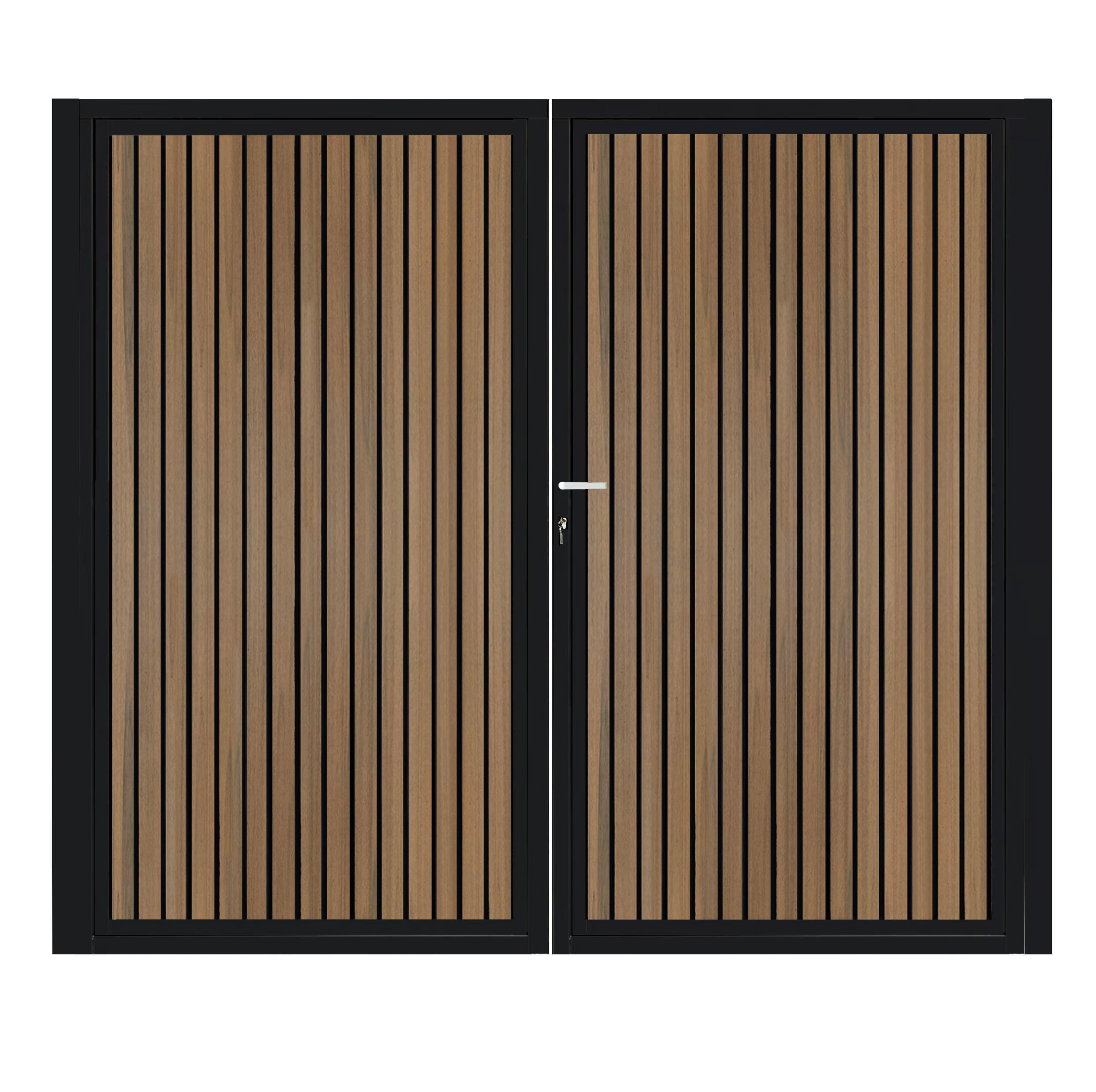 CompoGarden composiet dubbele poort Teak Rhombus Schaduw verticaal met zwart stalen poortframe - 300 x 185 cm