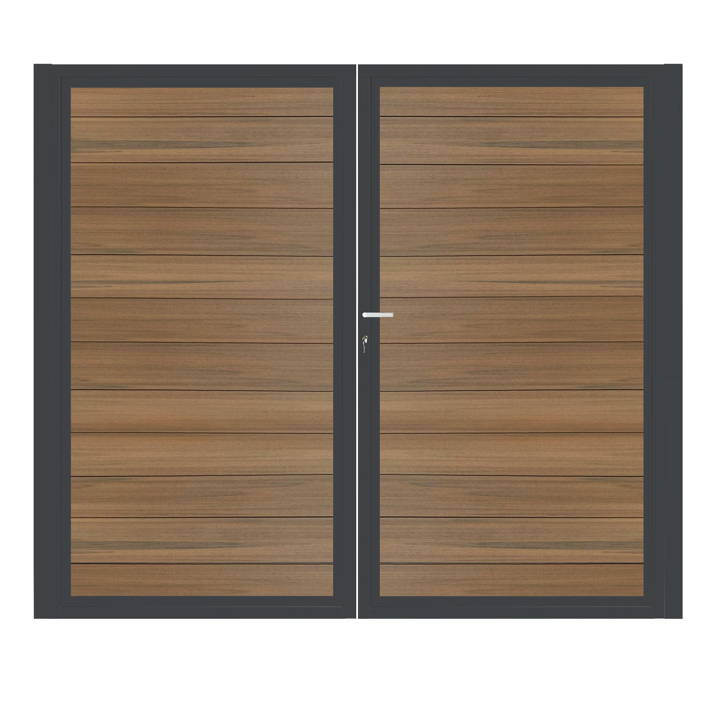 CompoGarden composiet dubbele poort Teak Geborsteld horizontaal met antraciet stalen poortframe - 300 x 185 cm