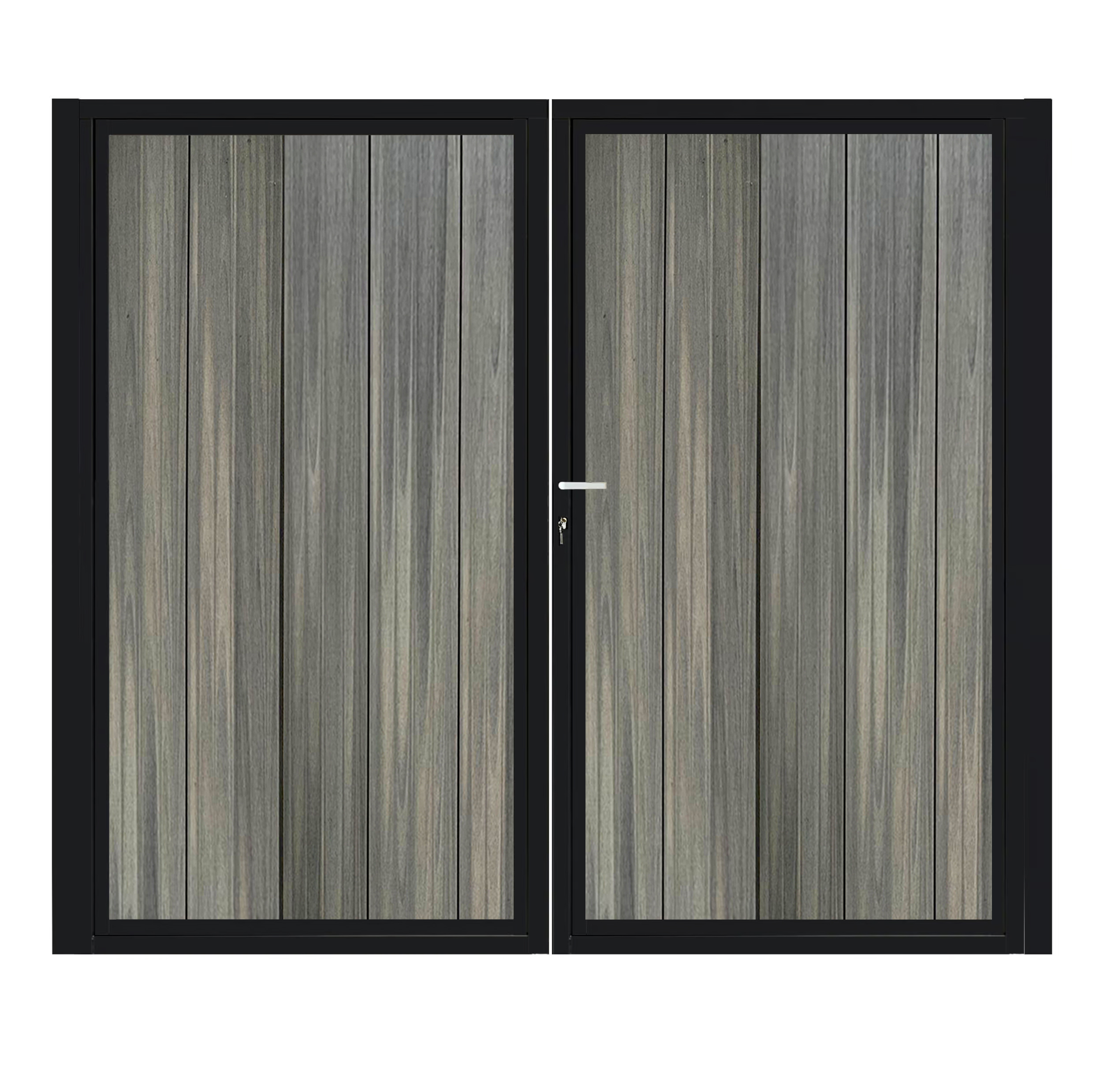 CompoGarden composiet dubbele poort Antraciet Geborsteld horizontaal met zwart stalen poortframe - 300 x 185 cm