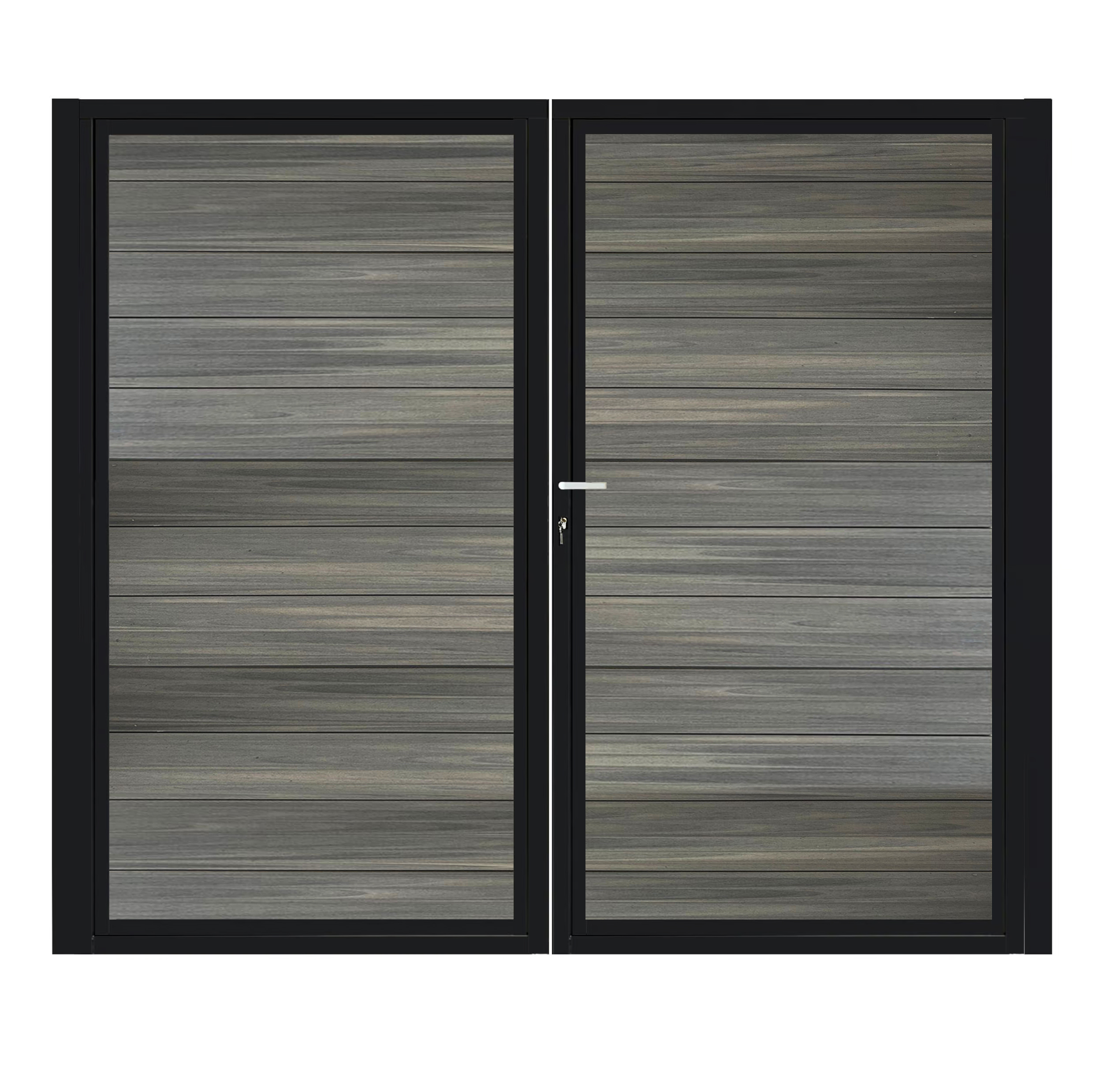CompoGarden composiet dubbele poort Antraciet Geborsteld horizontaal met zwart stalen poortframe - 300 x 185 cm