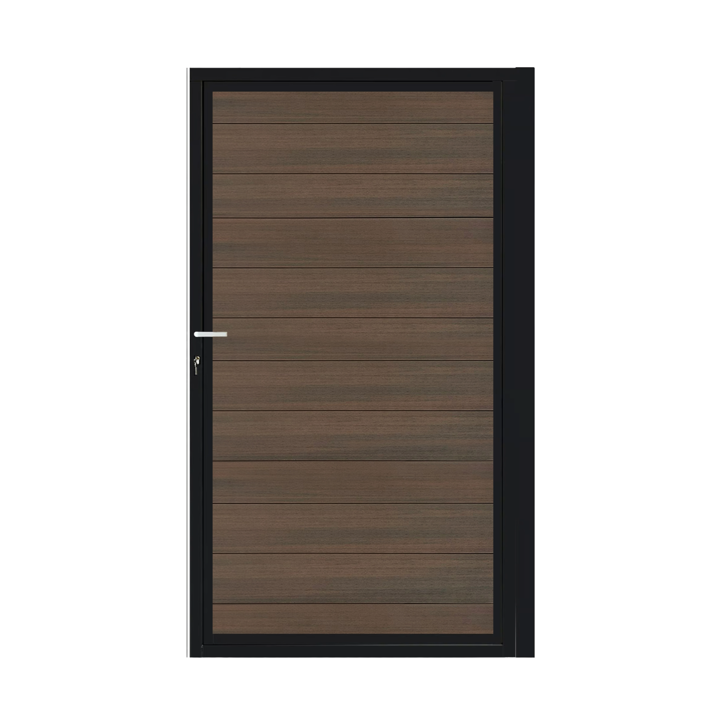 CompoGarden composiet poort Donkerbruin Geborsteld horizontaal met zwart aluminium poortframe 