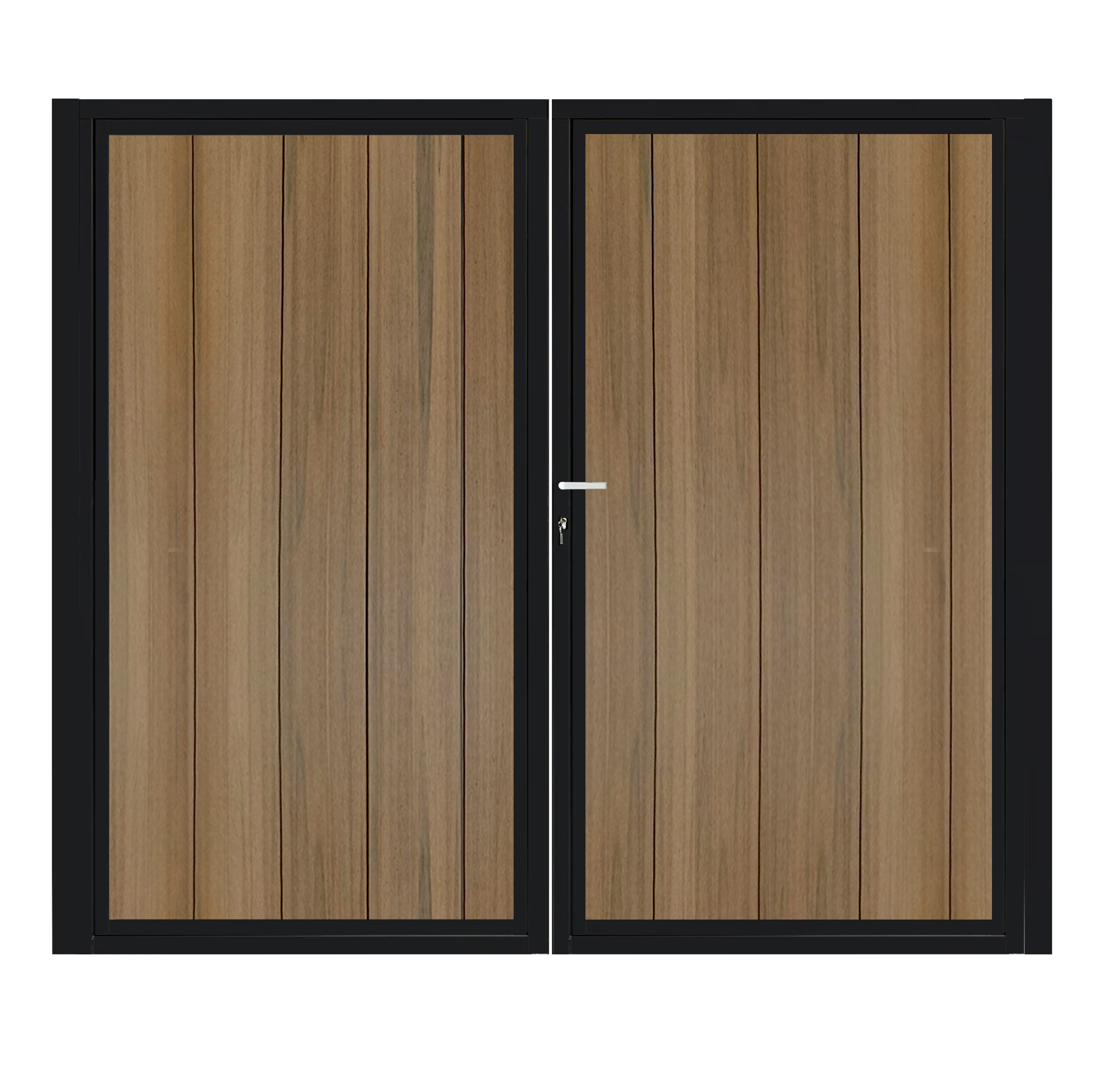 CompoGarden composiet dubbele poort Teak Geborsteld verticaal met zwart stalen poortframe - 300 x 185 cm