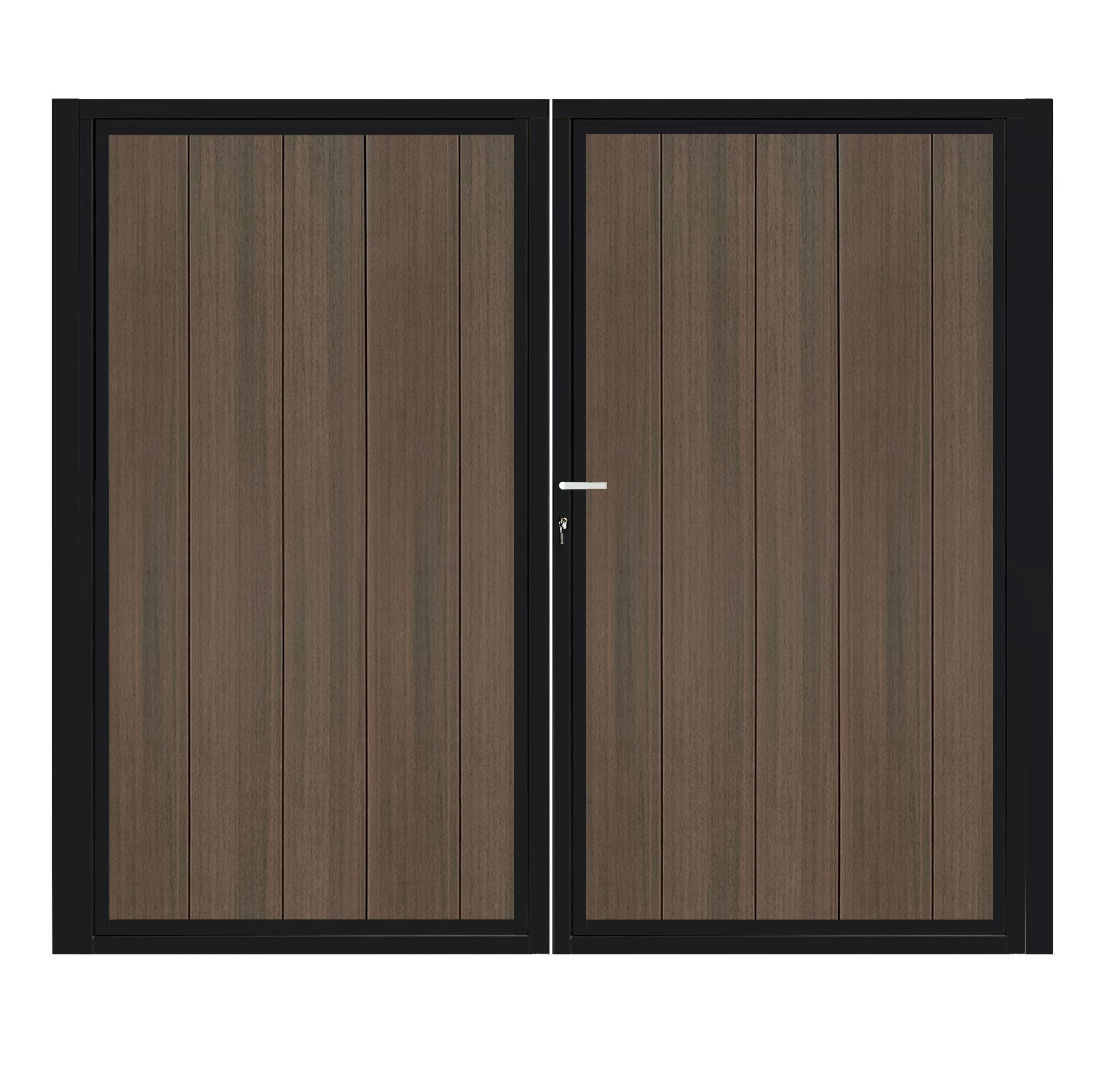 CompoGarden composiet dubbele poort Donkerbruin Geborsteld verticaal met zwart stalen poortframe - 300 x 185 cm