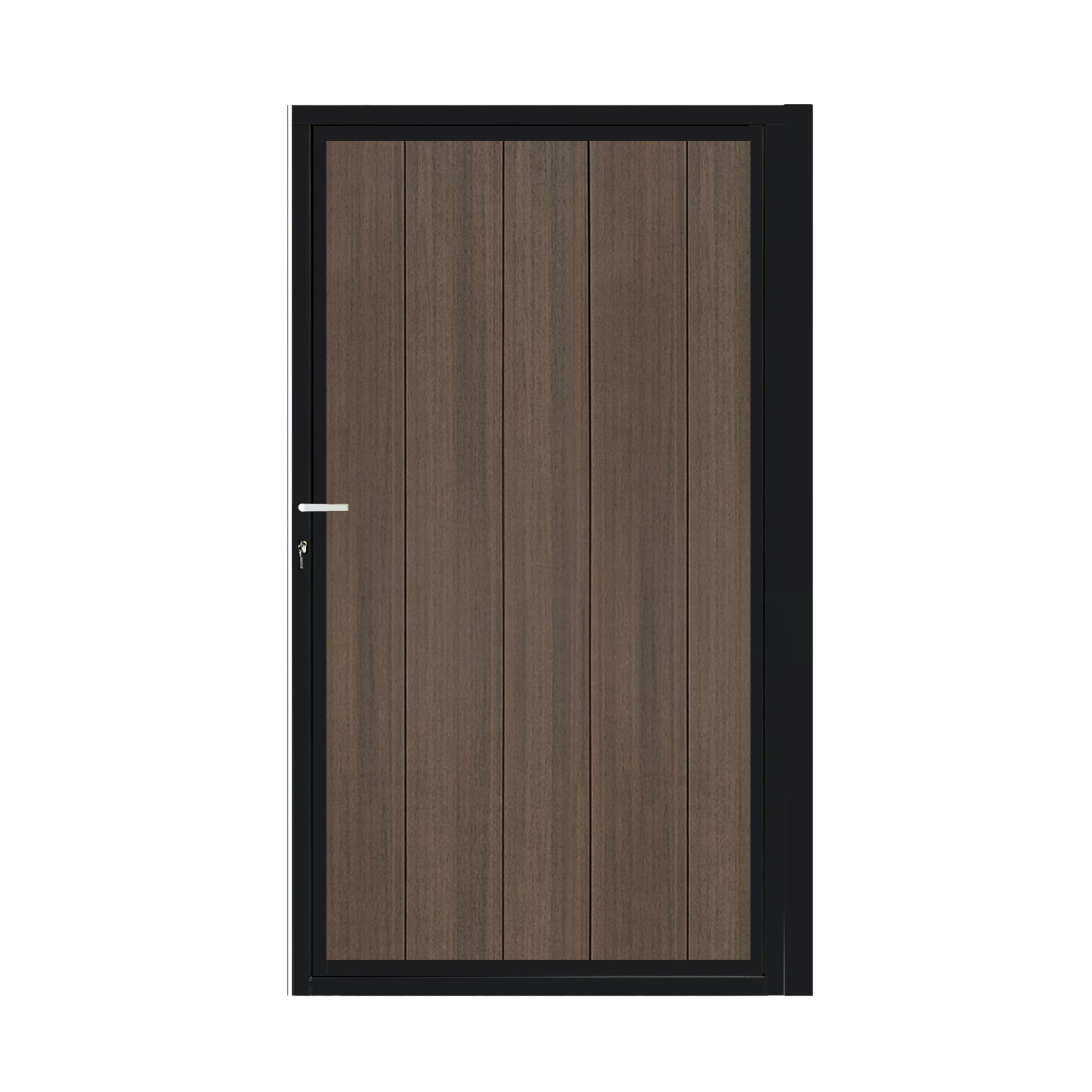 CompoGarden composiet poort Donkerbruin Geborsteld verticaal met zwart aluminium poortframe 