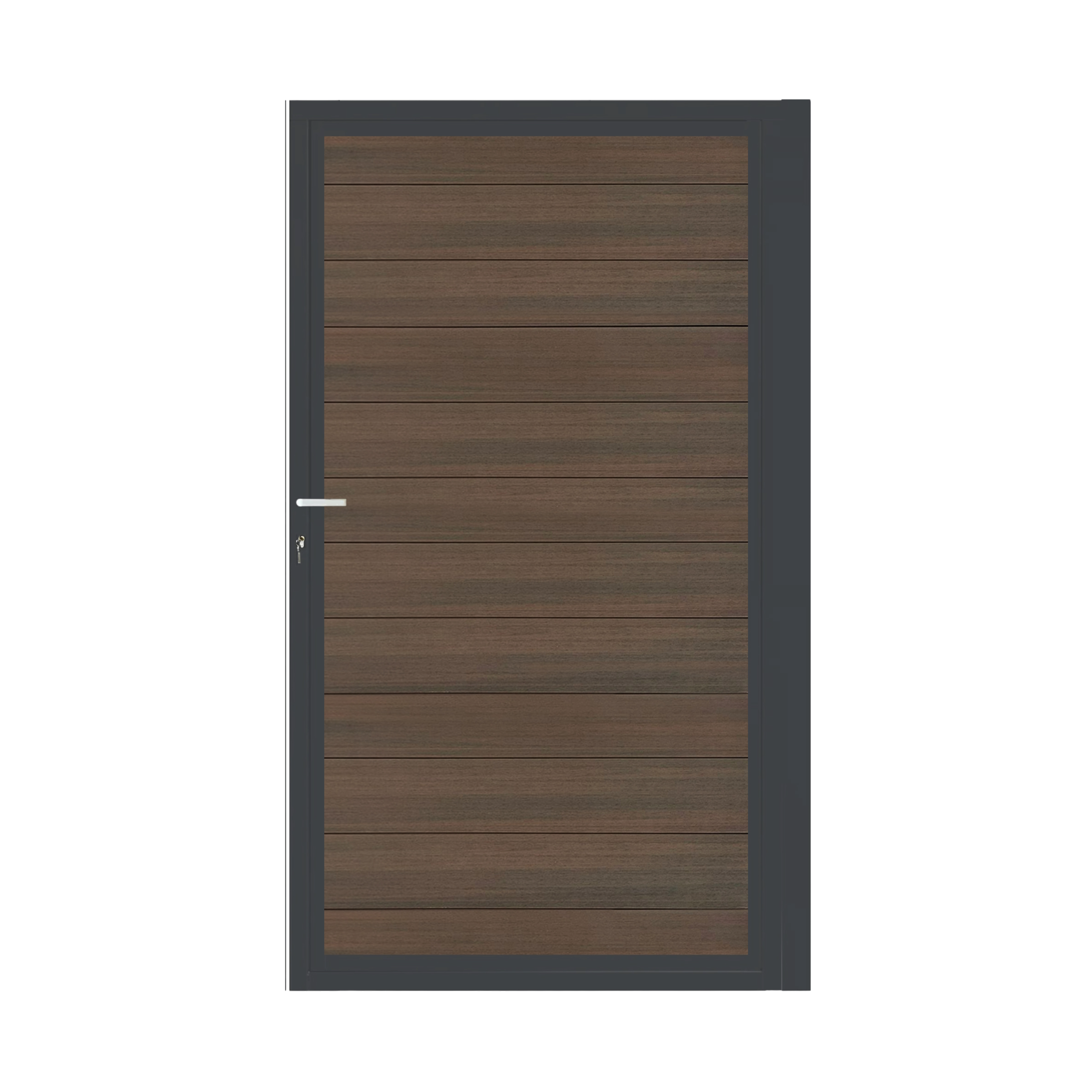 CompoGarden composiet poort Donkerbruin Geborsteld horizontaal met antraciet aluminium poortframe 