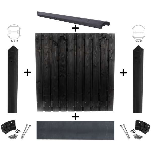 Startpakket zwart gespoten hout - antraciet gecoat beton schutting